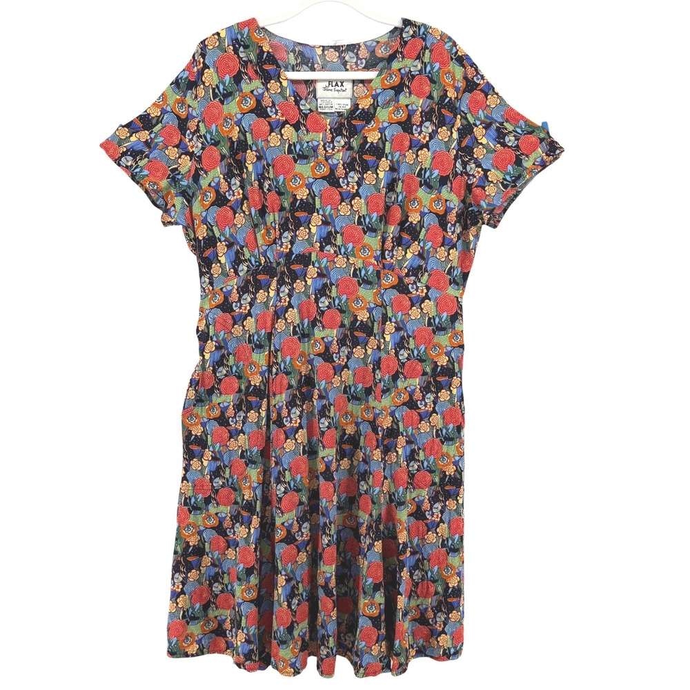 Flax by Jeanne Engelhart Floral Rayon V-Neck Pleated Waist Dress Medium Vintage